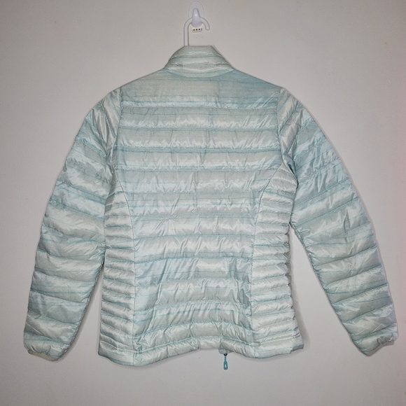 Rare Patagonia Womens Small AQUA Mint Stripe Goose Down Puffer Jacket Warm Snow - Picture 2 of 15